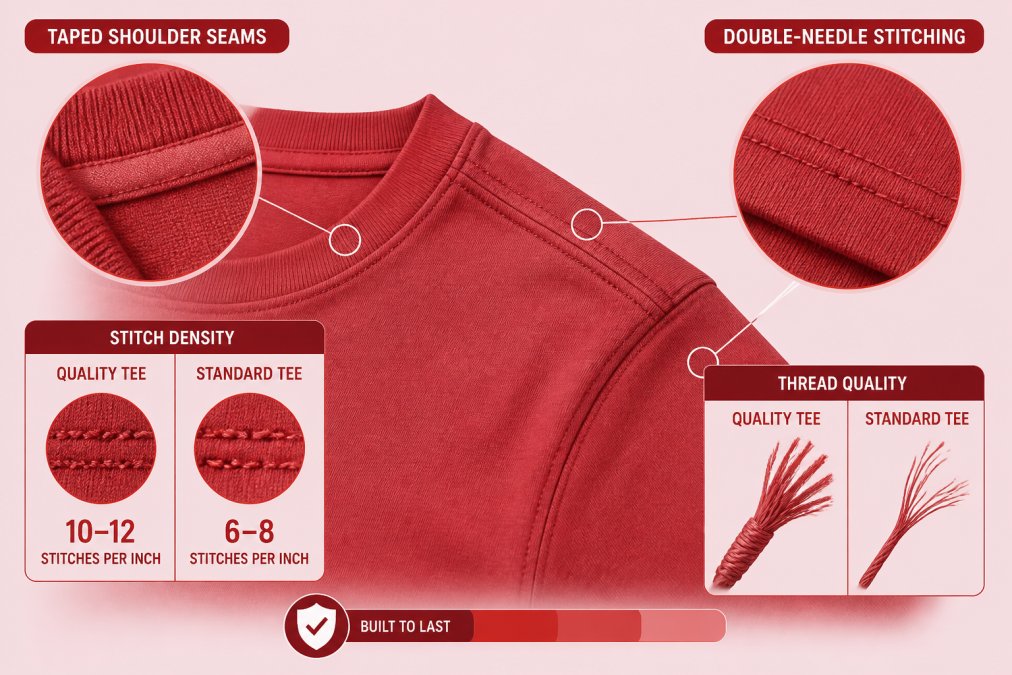 Detailed close-up of a tee's seam construction showing double-needle stitching and taped shoulder seams, with focus on the stitch density and thread quality