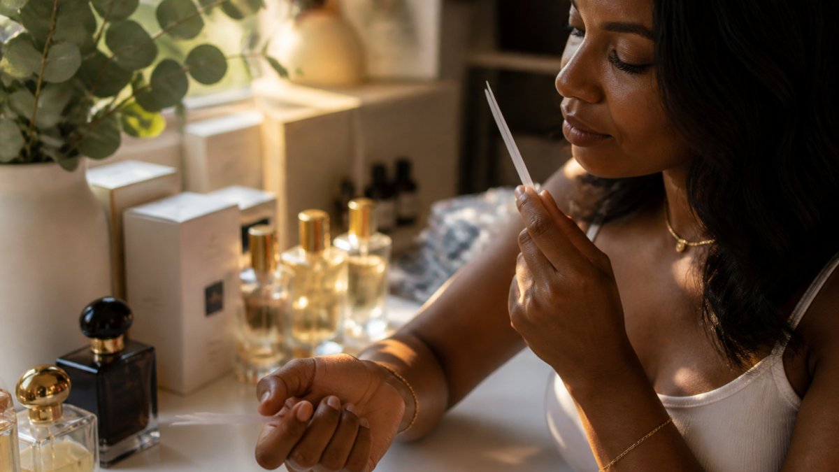 Person testing a quality perfume on their wrist with paper strips on a sunlit vanity