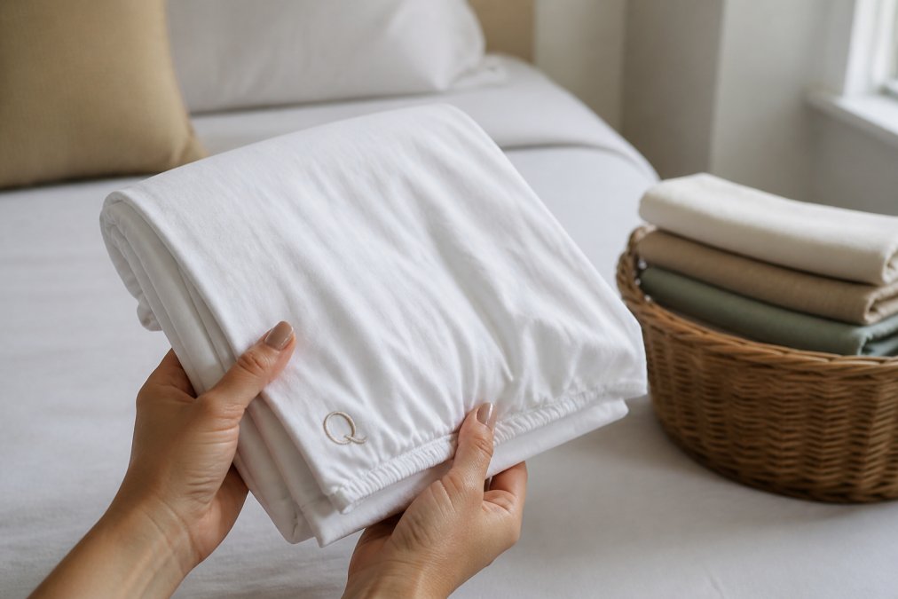 Hands holding a folded white fitted sheet with a Q label to show how to tell what size bed sheets are