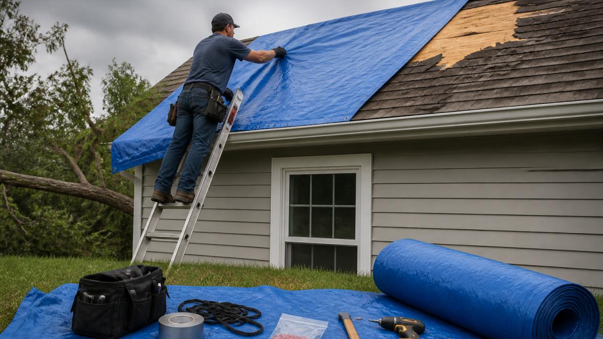 A homeowner on a ladder securing a blue tarp over a damaged roof section after a storm, with tools nearby and overcast sky
