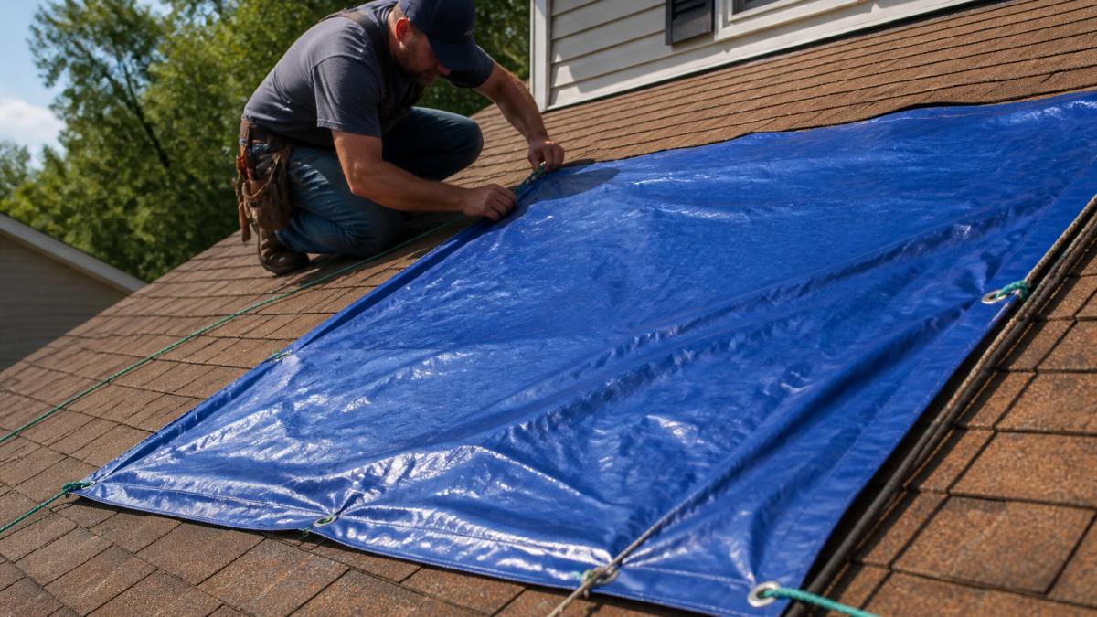 Professional roofer securing a blue heavy-duty tarp on a sloped residential roof with rope fasteners during daylight, demonstrating proper waterproofing technique