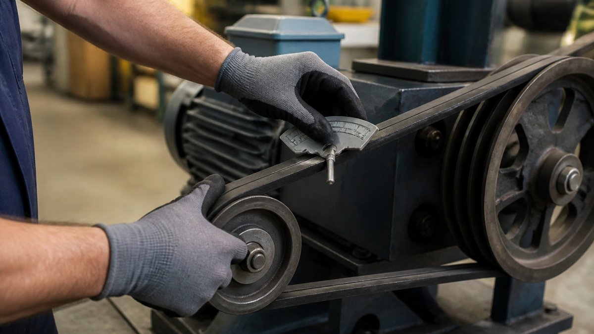 Maintenance technician using a gauge for precise v-belt tensioning on industrial machine pulleys.