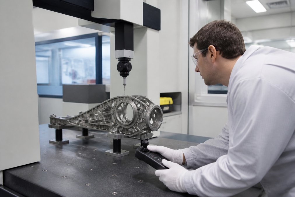 Quality engineer using a CMM to inspect aerospace part tolerances in a clean room facility