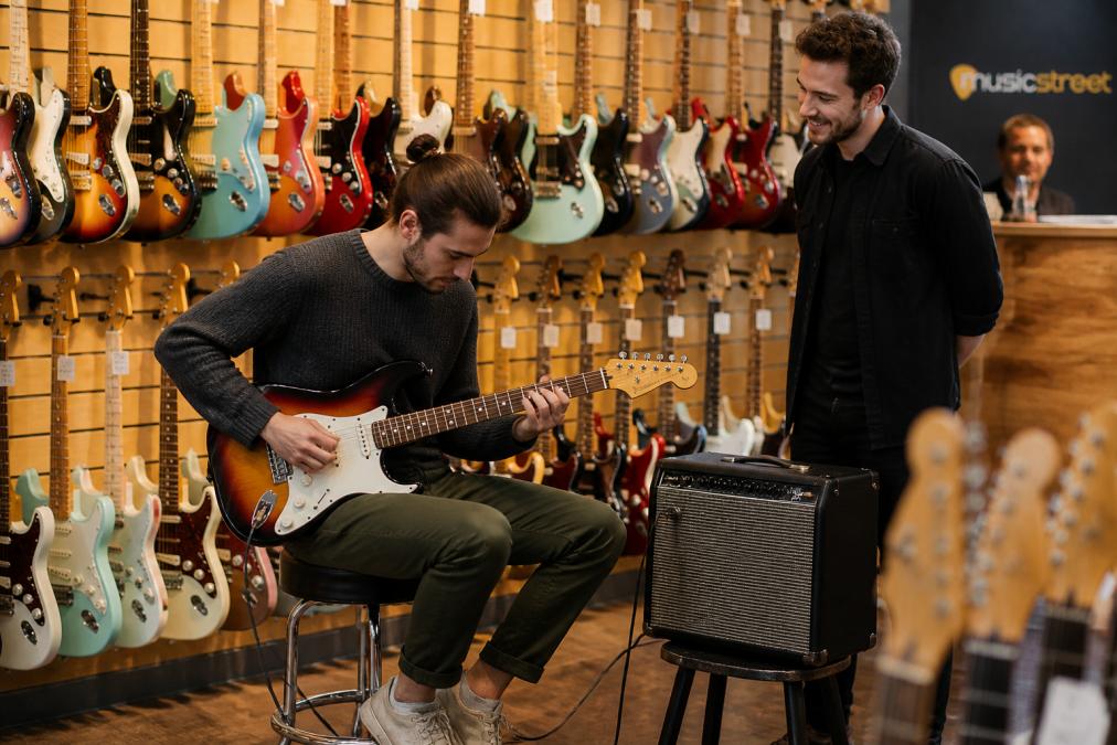 A customer seated on a stool in a guitar shop playing a sunburst electric guitar through a small combo amplifier set to a clean tone, with a sales assistant standing nearby and racks of guitars behind them under warm shop lighting