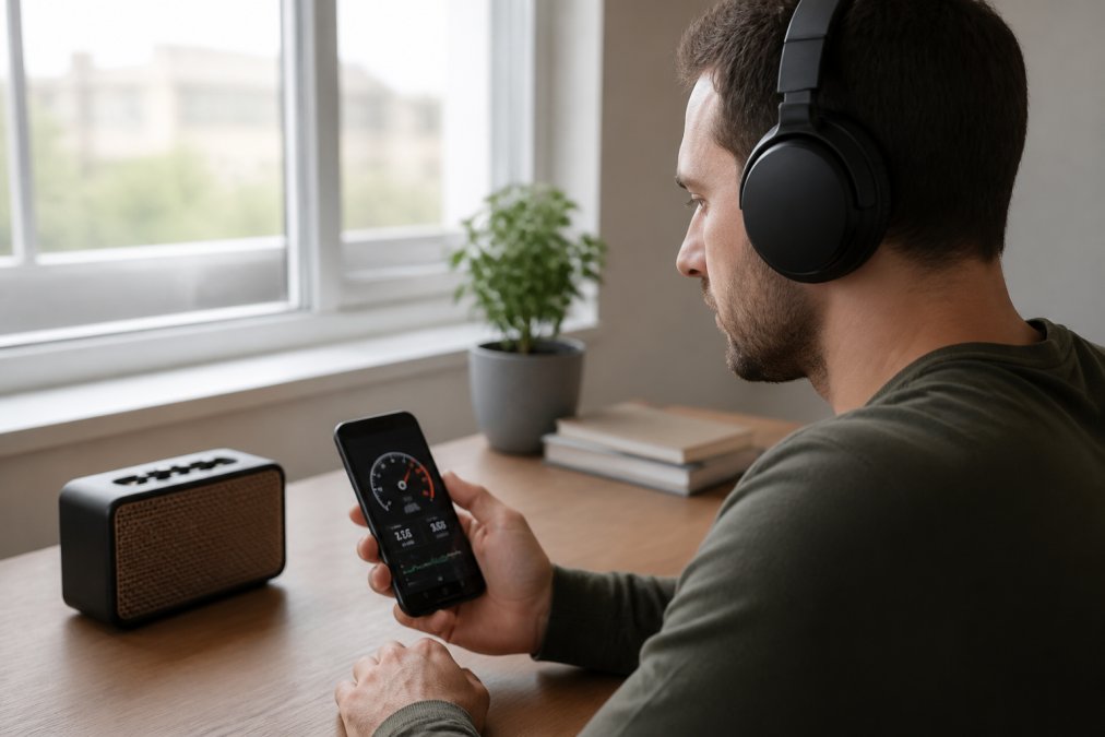 A person wearing over-ear headphones sitting at a desk with a smartphone showing a decibel meter app, a small retro-style Bluetooth speaker nearby, soft natural light from a window, calm and focused expression