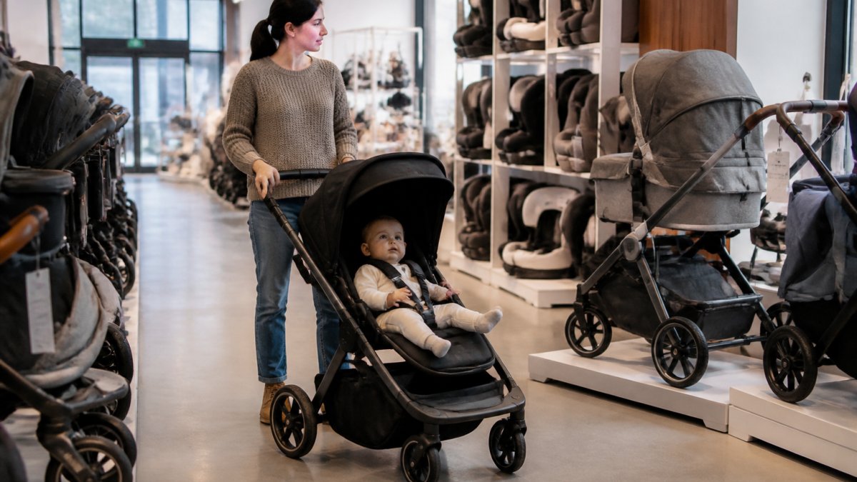 Parent pushing a pram through a shop aisle, demonstrating natural steering and fold mechanism with baby visible in the seat, natural lighting from shop windows
