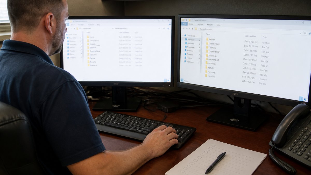 An IT professional at a desk in a small office, comparing a restored file folder on one monitor with the original on another, printed checklist and pen beside the keyboard, warm overhead lighting