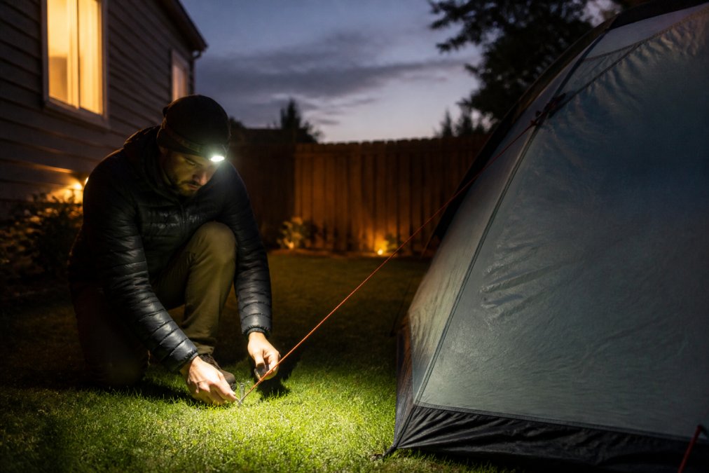 A camper setting up a tent in a backyard at dusk, wearing a headlamp, checking the guylines and stakes with focused attention