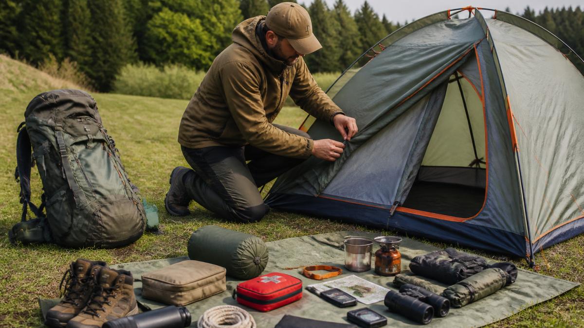 Camper kneeling in a grassy field inspecting the seams and fabric of a tent before a trip