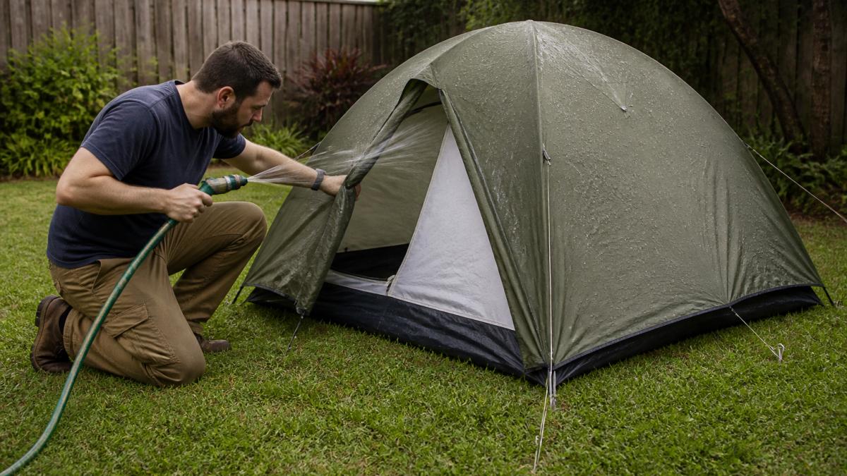 Camper spraying a green dome tent with a hose to test for leaks in a backyard