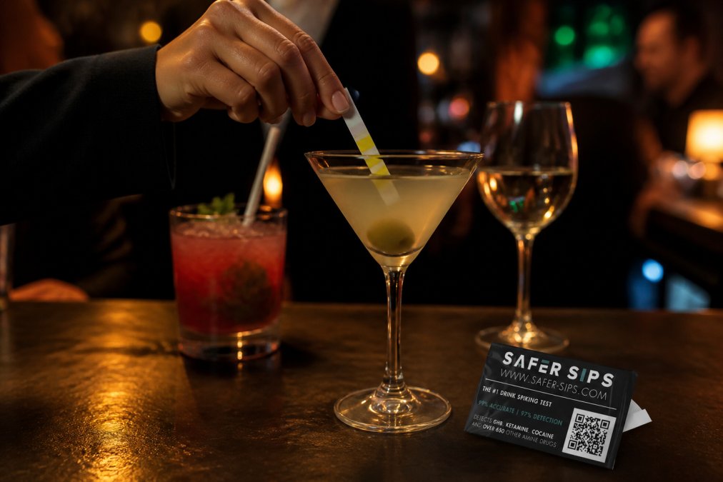 Close-up of a person's hand discreetly placing a small test strip into a cocktail glass on a dimly lit bar counter, other drinks and bar atmosphere visible in the background