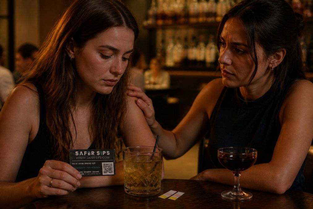 A young woman sitting with a trusted friend at a bar table, one friend placing a supportive hand on the other's shoulder, both looking calm and serious in a warm-lit nightlife setting