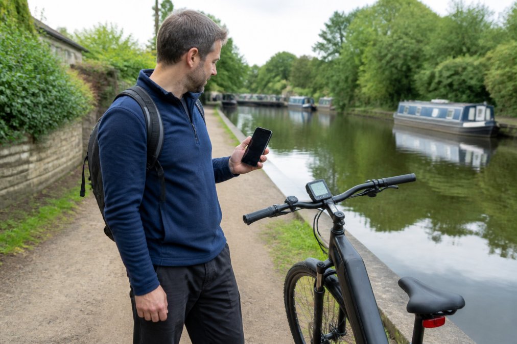 A cyclist in everyday clothing standing beside a parked electric bike on a quiet canal towpath, holding a smartphone showing a ride-tracking app, with the bike's battery display visible on the handlebar
