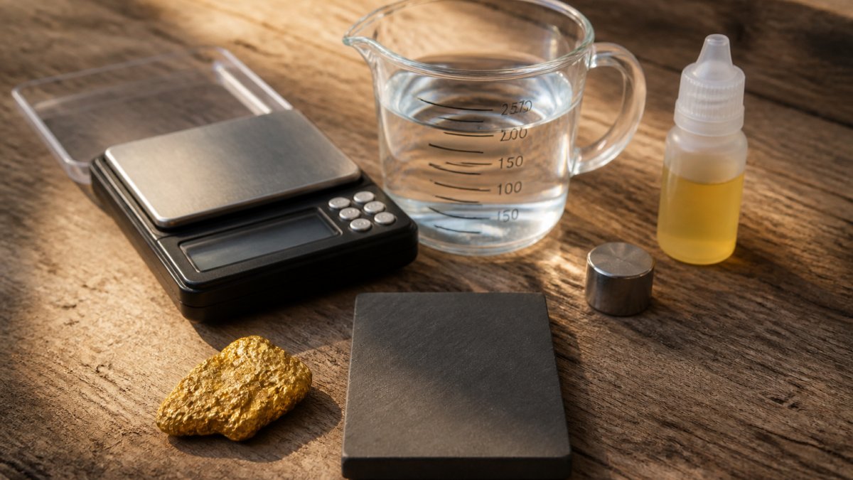 Close-up of testing equipment arranged on a natural wood surface: precision digital scale, glass measuring cup with metric markings, neodymium magnet, unglazed ceramic testing stone, vial of gold testing acid, and a natural gold nugget specimen catching afternoon light
