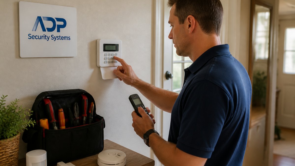 A homeowner standing at a wall-mounted alarm keypad, pressing buttons to enter test mode, with a cordless phone in the other hand ready to call the monitoring station, warm indoor lighting