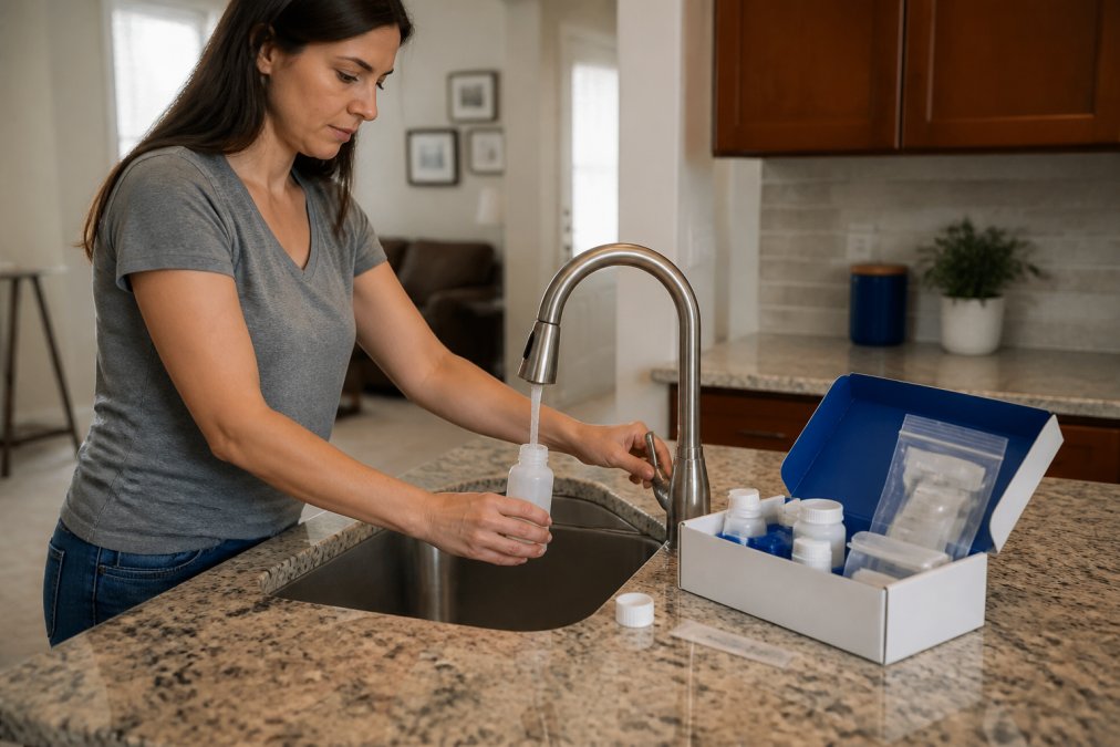 A person in casual clothing carefully filling a small sterile sample bottle from a kitchen faucet, with a test kit box visible on the counter nearby