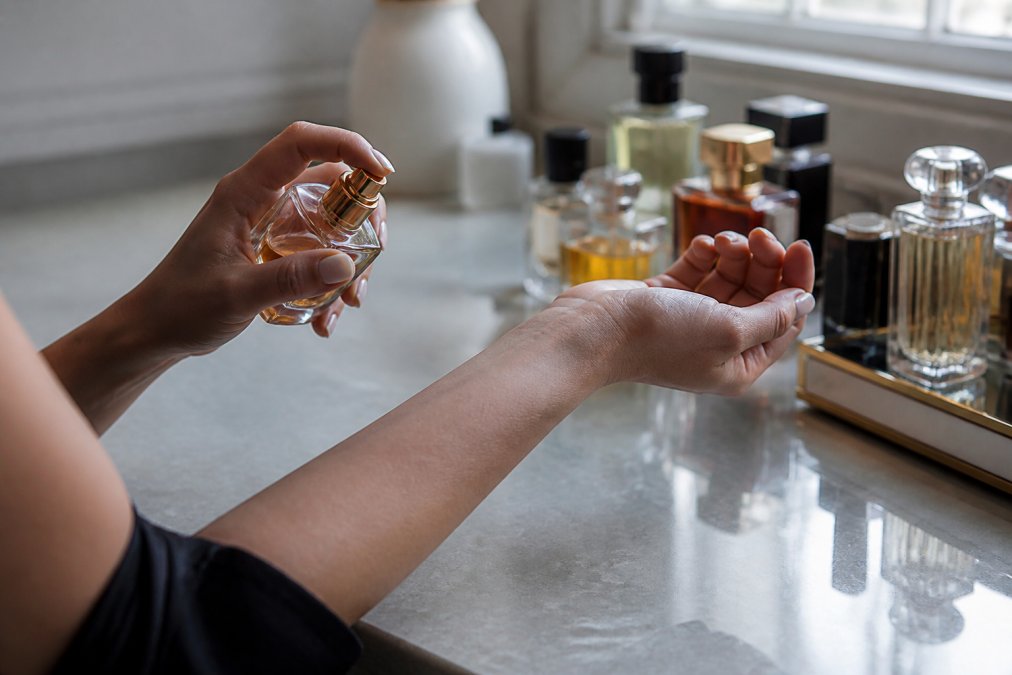 Close-up of a person's inner wrist with two small drops of perfume being applied from a glass vial, set against a softly lit vanity with several luxury fragrance bottles arranged in the background