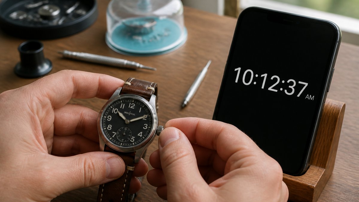Close-up of a hand holding a mechanical watch next to a smartphone displaying atomic time, with the watch crown being adjusted to match the seconds shown on the phone screen in natural daylight