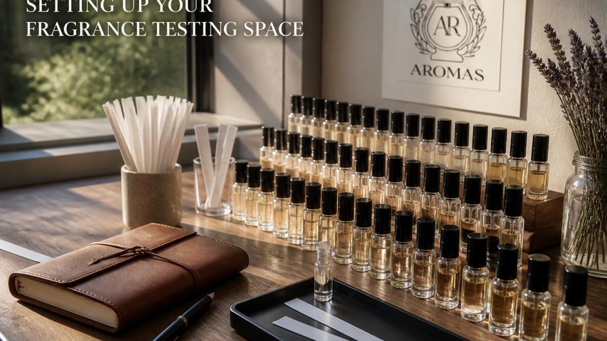 Rows of fragrance decant bottles, scent strips, and a notebook on a sunlit wooden desk for testing niche perfumes