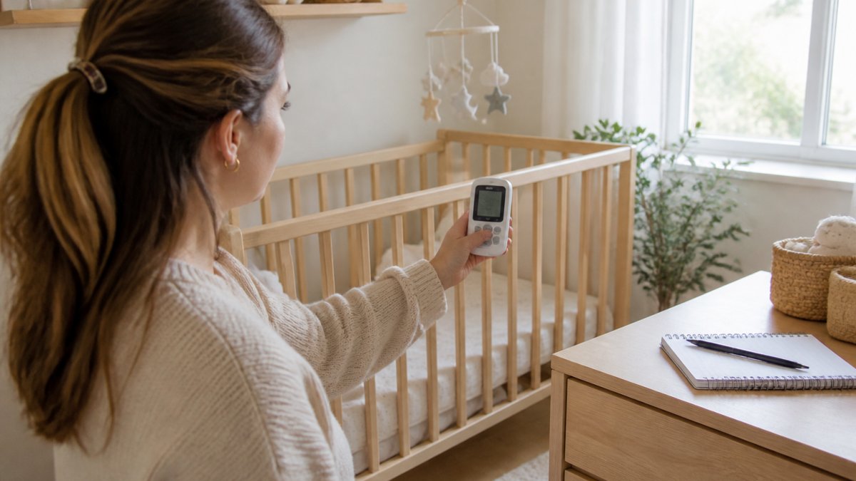 A parent in a bright nursery holding a handheld air quality monitor near a wooden cot, with a notebook and pen on a nearby dresser