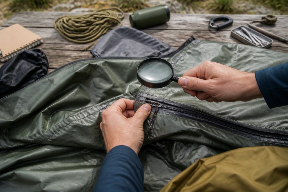 Hands examining tent seams and zippers under natural light, inspecting fabric weave and hardware quality with magnifying glass