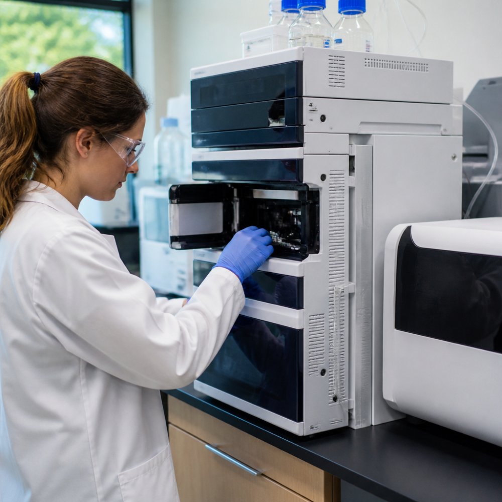 Laboratory technician carefully loading a peptide sample vial into an HPLC instrument, with the chromatography detector and data display visible on the adjacent monitor in a modern research facility