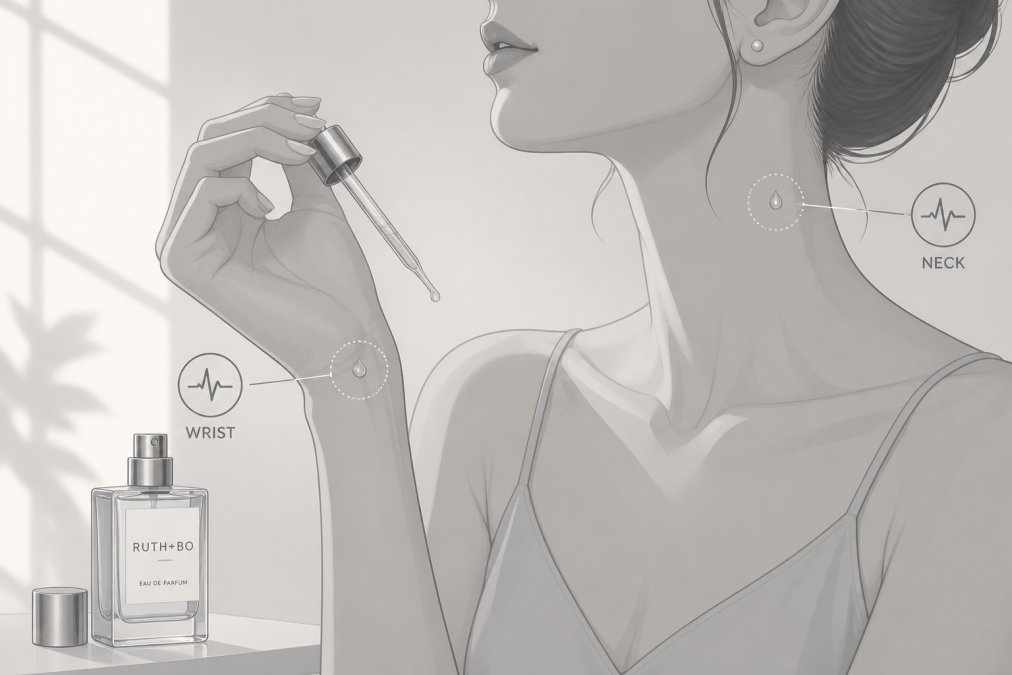 Close-up of a woman's wrist and neck area showing pulse points, with a fragrance bottle positioned nearby and a single drop of perfume being applied to the inner wrist with natural morning light illuminating the skin