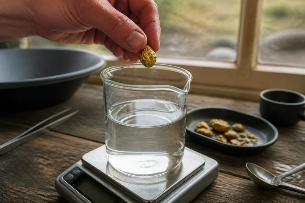 Hand lowering a raw gold nugget into a beaker of water on a digital scale to measure its density.