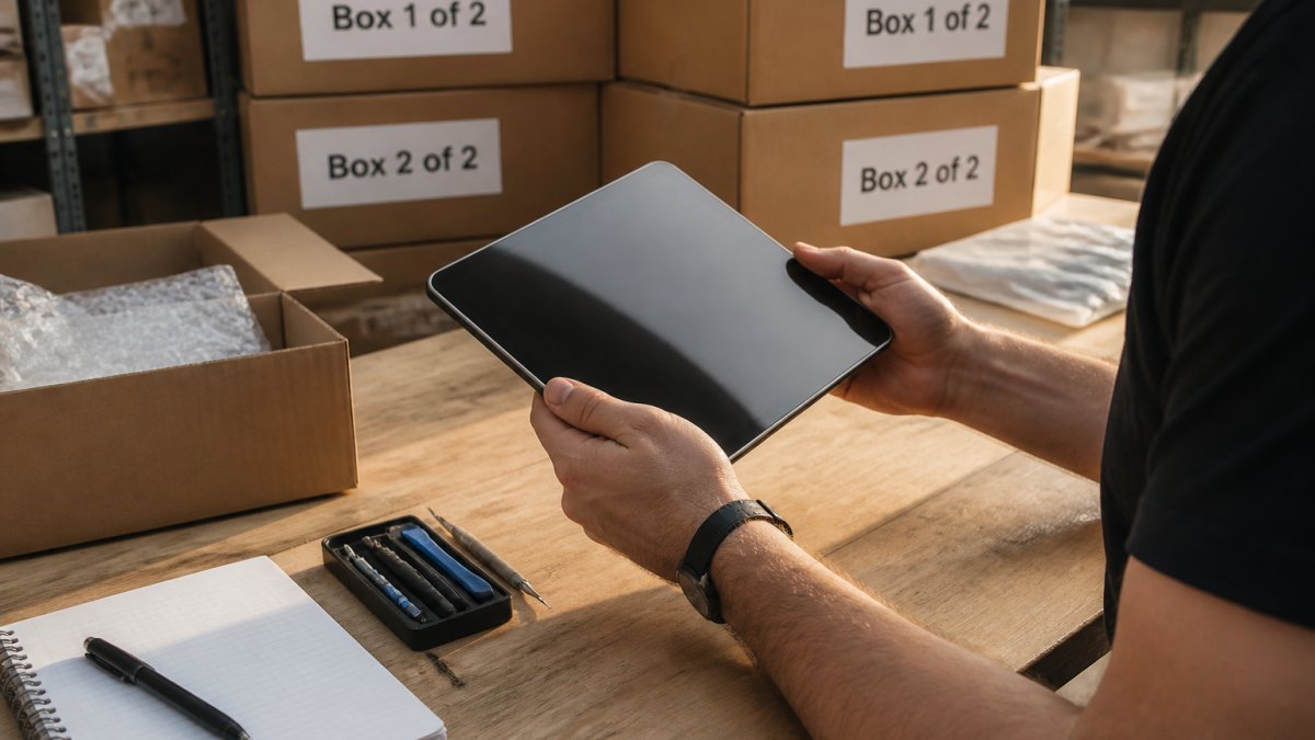 A reseller at a workbench inspecting a returned tablet under bright light, with a notepad and small tools nearby, cardboard boxes stacked in the background