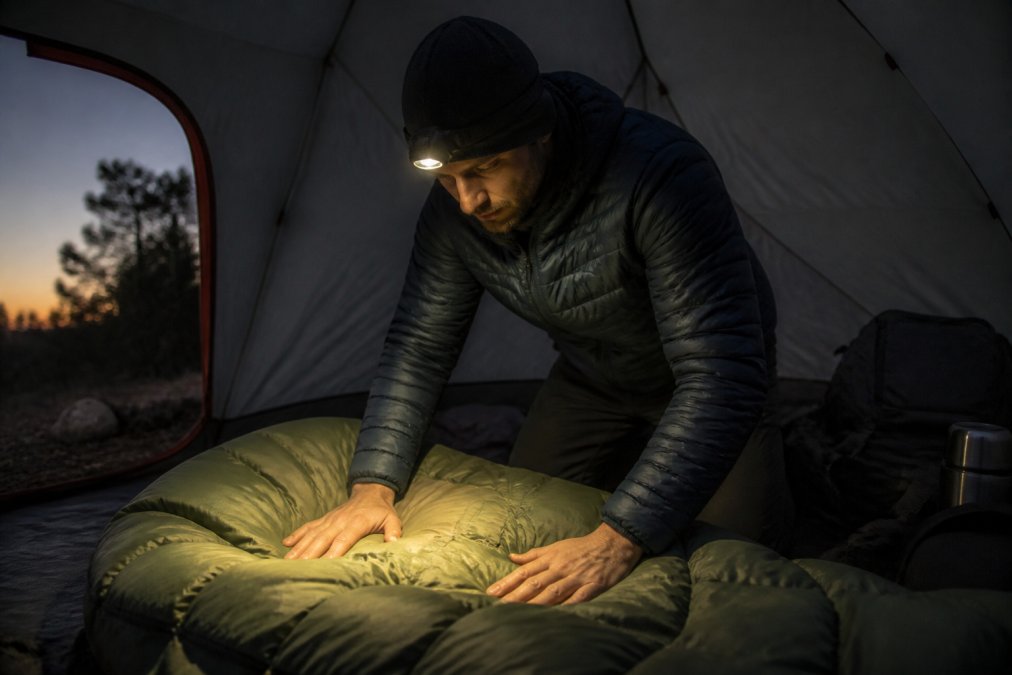 A camper kneeling inside a dimly lit tent at dusk, pressing both palms flat into the top of an unrolled sleeping bag to check its loft, with a headlamp casting warm light across the insulation