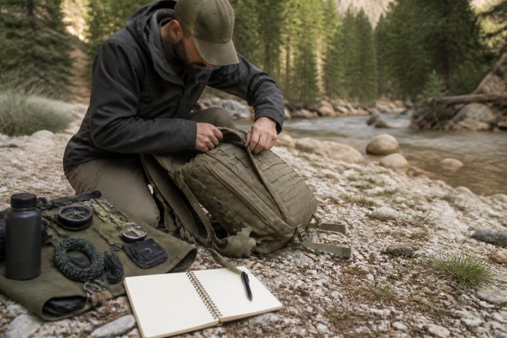 Outdoor enthusiast in backcountry setting carefully inspecting backpack seams and zippers, with detailed checklist and notebook visible on the ground beside tactical gear and survival tools