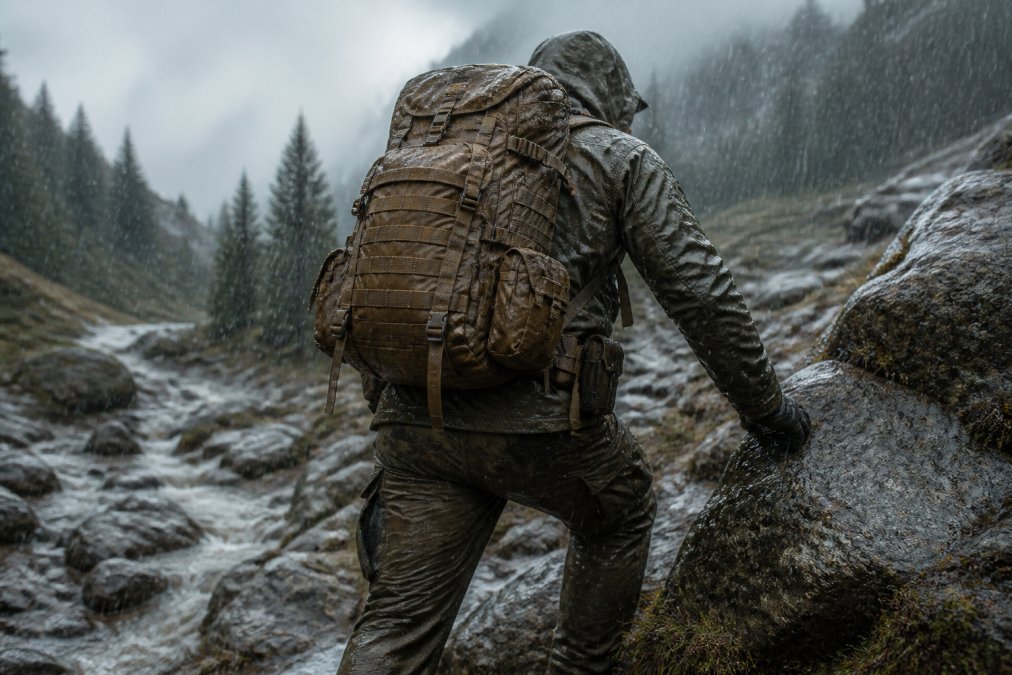 Person testing survival gear in challenging field conditions, carrying fully loaded tactical backpack across wet, muddy terrain with visible rain and overcast sky, demonstrating real-world durability under environmental stress