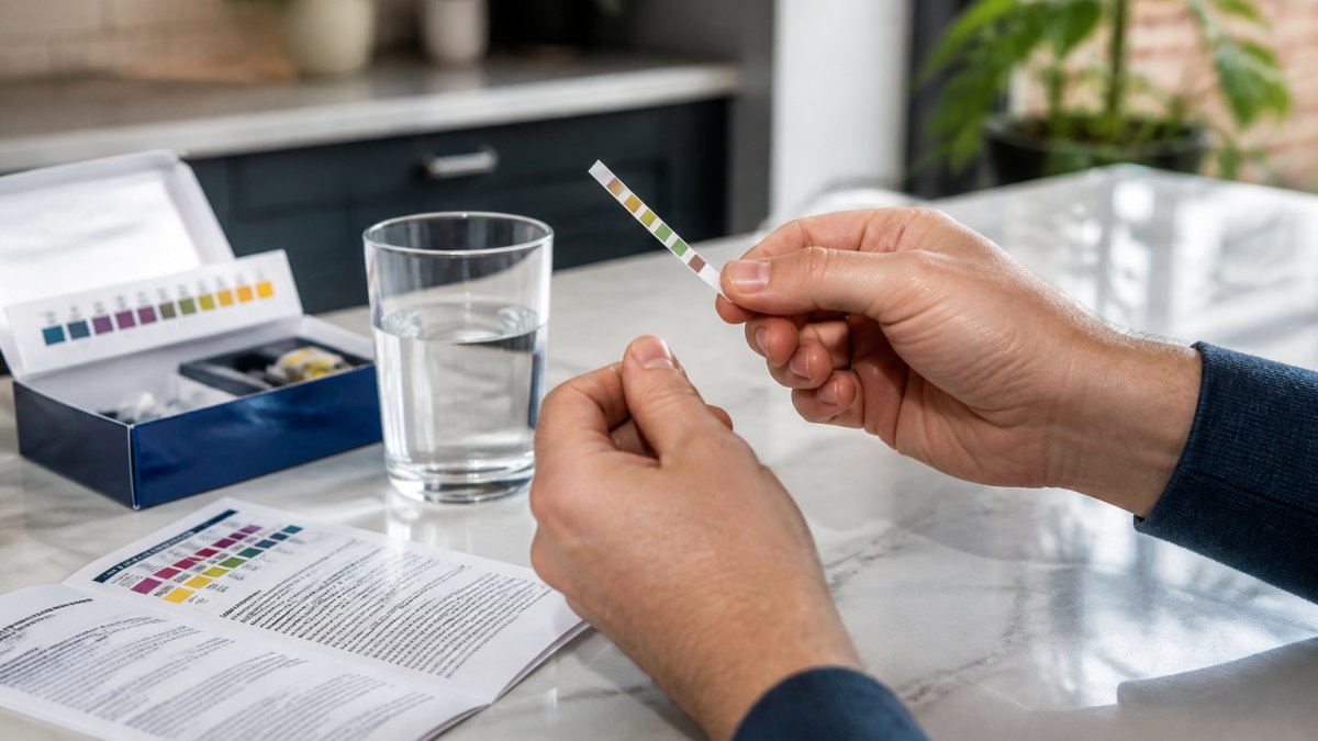 A person's hands holding a water test strip next to a glass of tap water on a kitchen counter, with a test kit box and printed instructions nearby in daylight