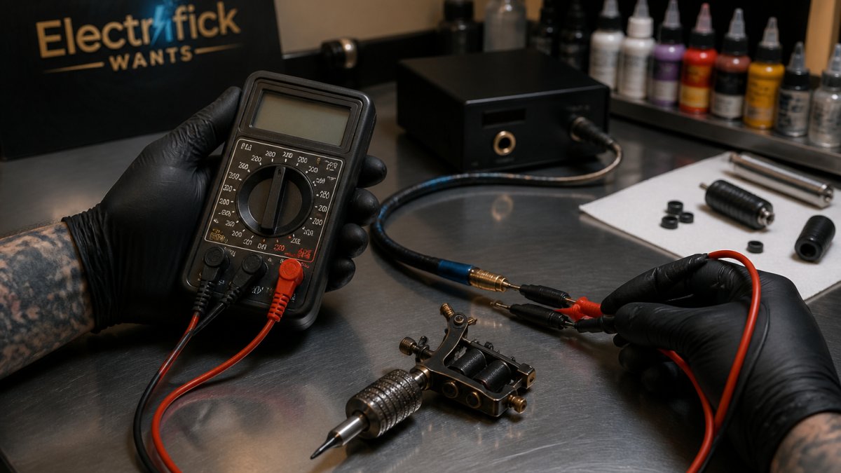 Close-up of a tattoo artist's hands holding a digital multimeter with red and black probes connected to the clip cord of a tattoo machine on a clean workstation, with a power supply visible in the background