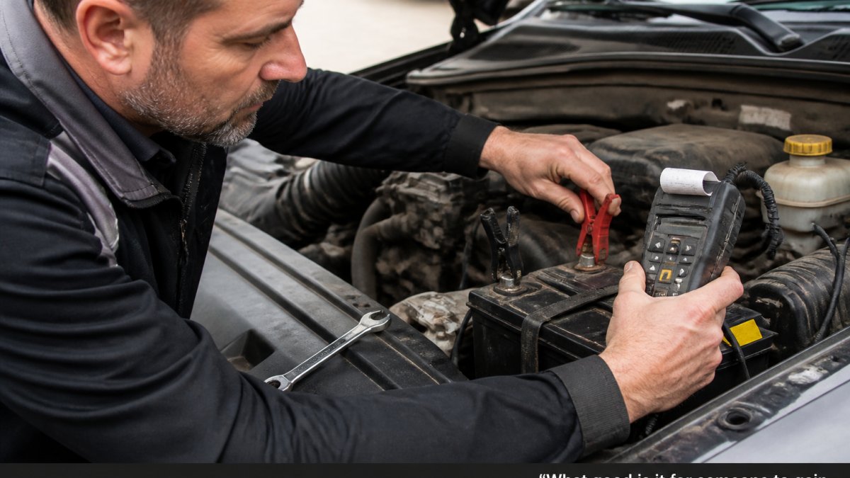 Close-up of a technician's hands connecting a conductance tester clamp to the terminals of a truck battery under the hood, with a wrench resting nearby