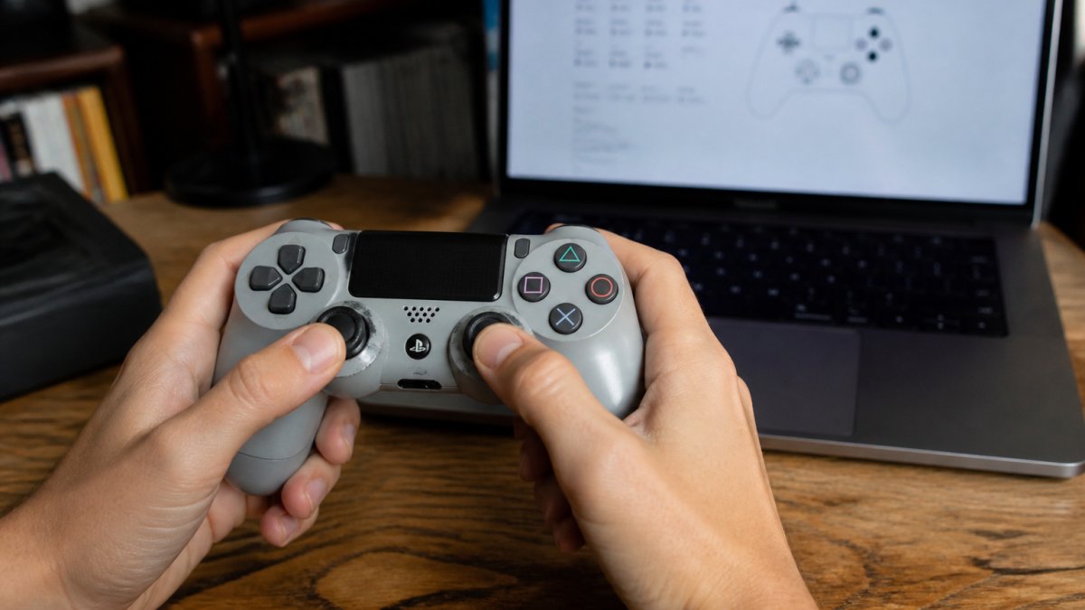 Close-up of a gamer's hands holding a well-worn grey PlayStation DualShock controller, thumbs resting on the analog sticks, with a laptop showing a gamepad tester screen blurred in the background on a wooden desk