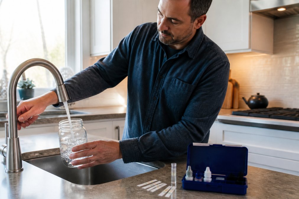 Homeowner in a bright kitchen collecting a water sample from the tap into a clear glass jar, with water hardness test strips and a testing kit laid out on the counter beside them