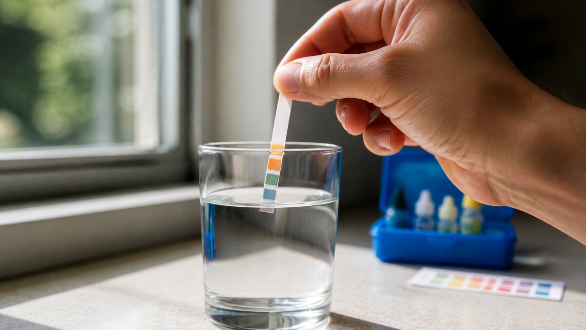 Hand holding a test strip over a glass of well water to check mineral levels via color change