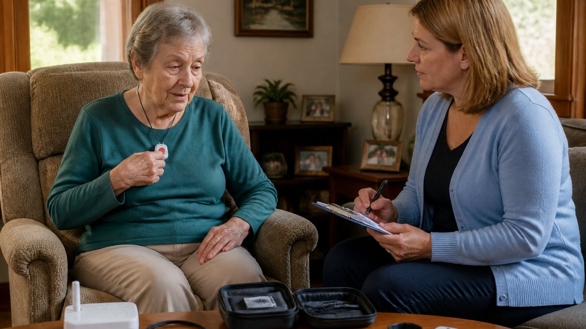 An older adult sitting in a living room armchair, pressing the help button on a medical alert pendant while an adult caregiver watches and takes notes on a clipboard, soft afternoon light through the window