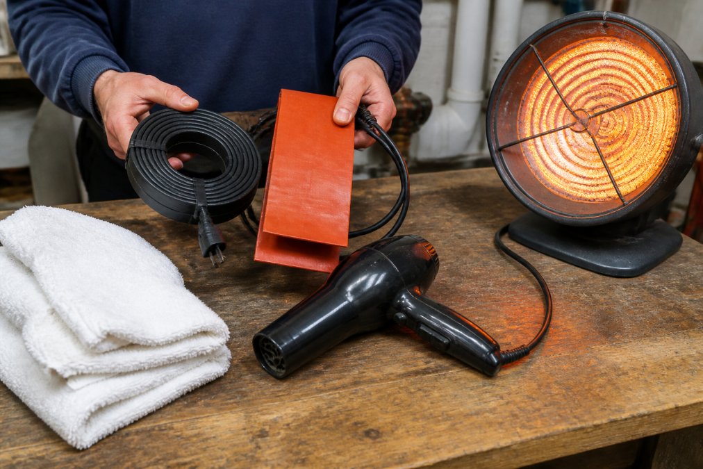 Close-up of a homeowner's hands holding a heat tape and electric heating pad next to hot water towels, with a hair dryer and infrared heater visible on a work surface