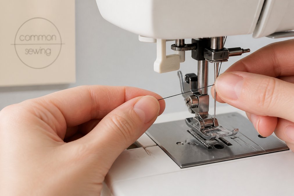 Step-by-step diagram showing how to thread a sewing machine by guiding the thread through the needle eye.