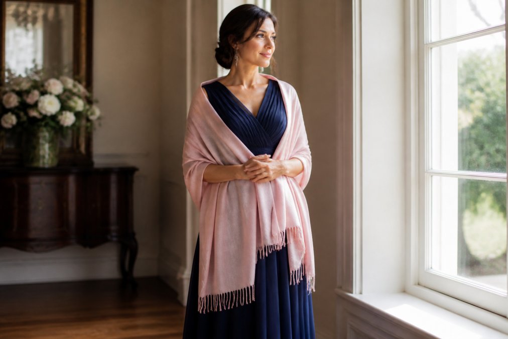 A woman in an elegant floor-length dress with a soft pink pashmina shawl draped over both shoulders, styled for a formal occasion, standing near a window with soft natural lighting