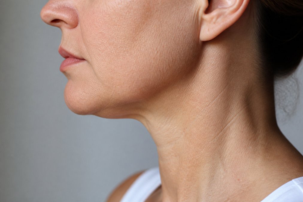 Close-up profile view of a person's jawline and neck area showing natural lighting that highlights skin texture and definition