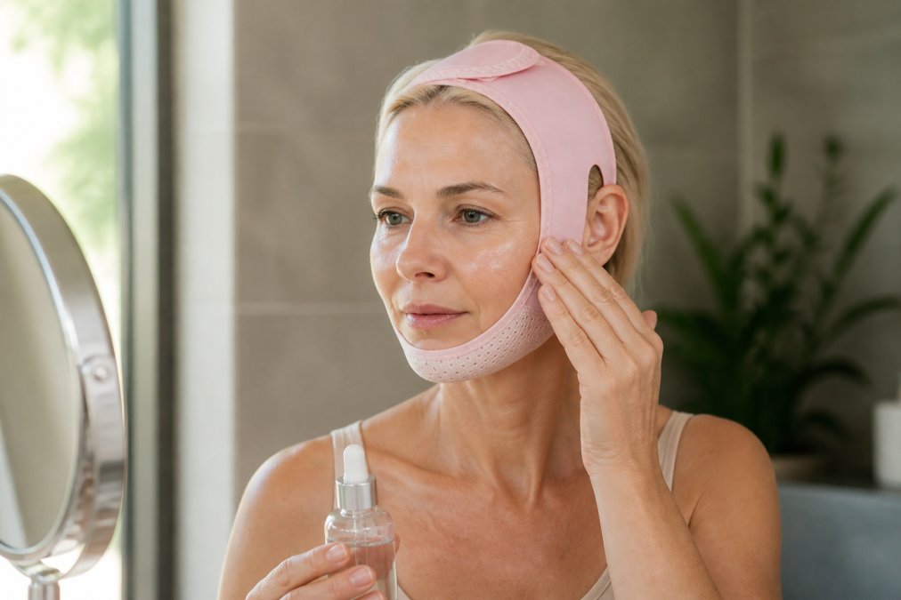 Woman in her 50s applying firming serum to her face in natural morning light, showing the product application technique