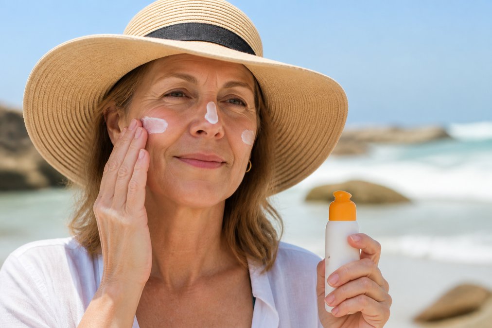 Mature woman outdoors wearing sunscreen and a wide-brimmed hat, demonstrating sun protection habits