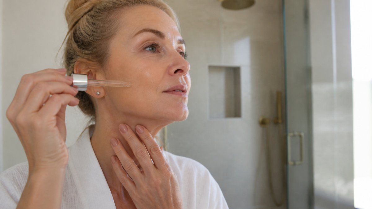 Woman applying serum to her face and neck in a well-lit bathroom, focusing on jawline and lower face area