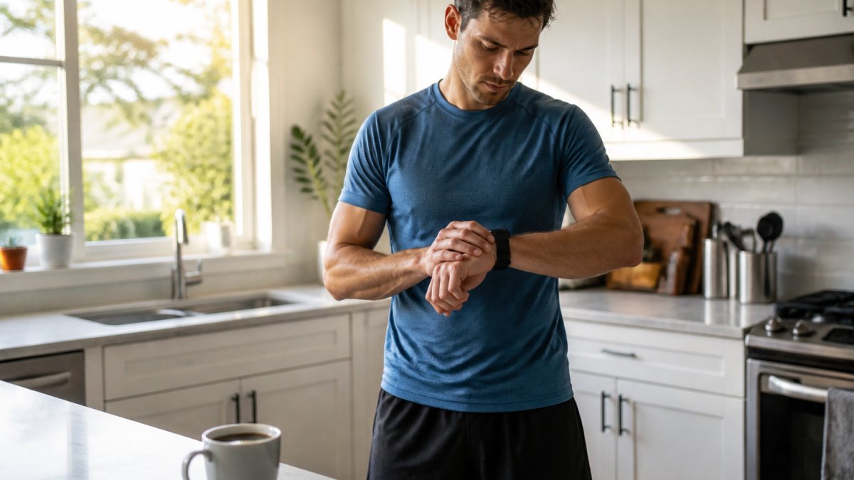 A runner in athletic gear checking a wristwatch while a ceramic mug of black coffee sits on a kitchen counter nearby, soft morning light through the window