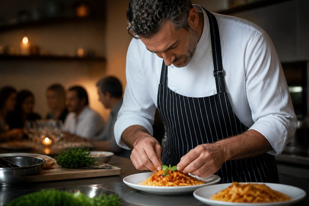 Professional private chef plating an elegant Italian dish with focused concentration, warm kitchen lighting reflecting off the plate, with blurred dinner guests visible in the background