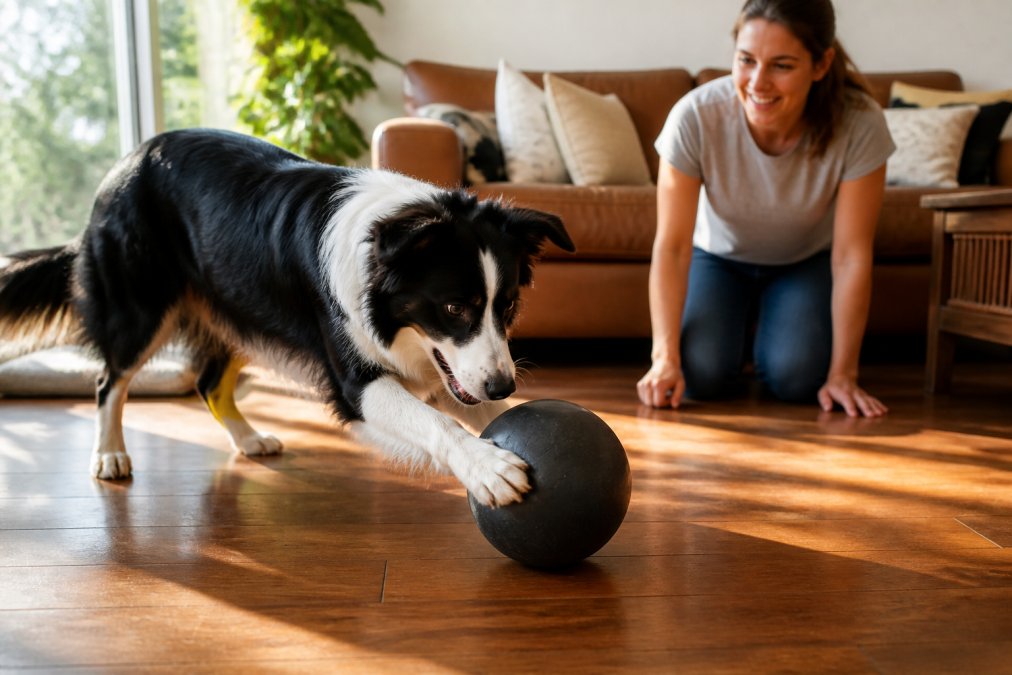 A happy border collie in a sunlit living room intently nudging a large durable herding ball across a hardwood floor, while its owner kneels nearby offering encouragement