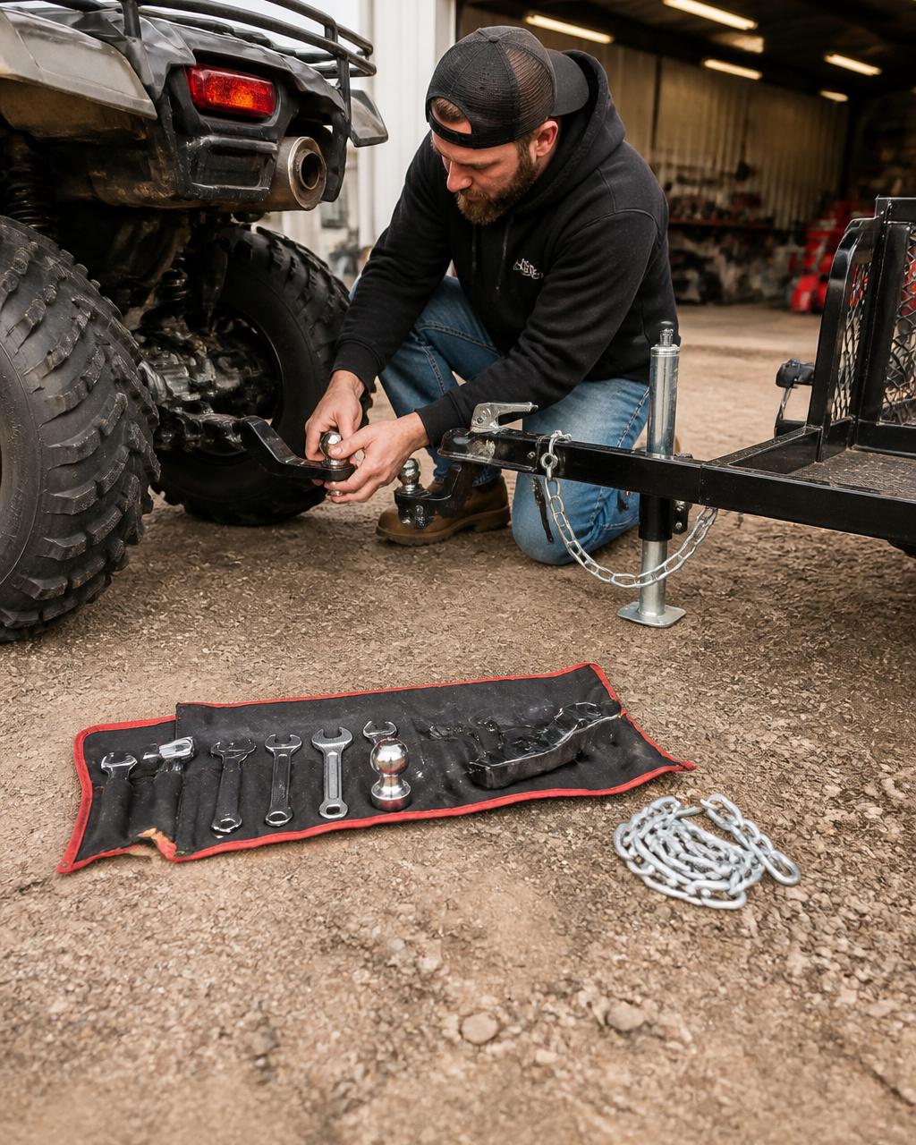 A person kneeling behind an ATV on a dirt driveway, attaching a small utility trailer's coupler to the ATV hitch ball, with the trailer tongue raised and a safety chain visible nearby